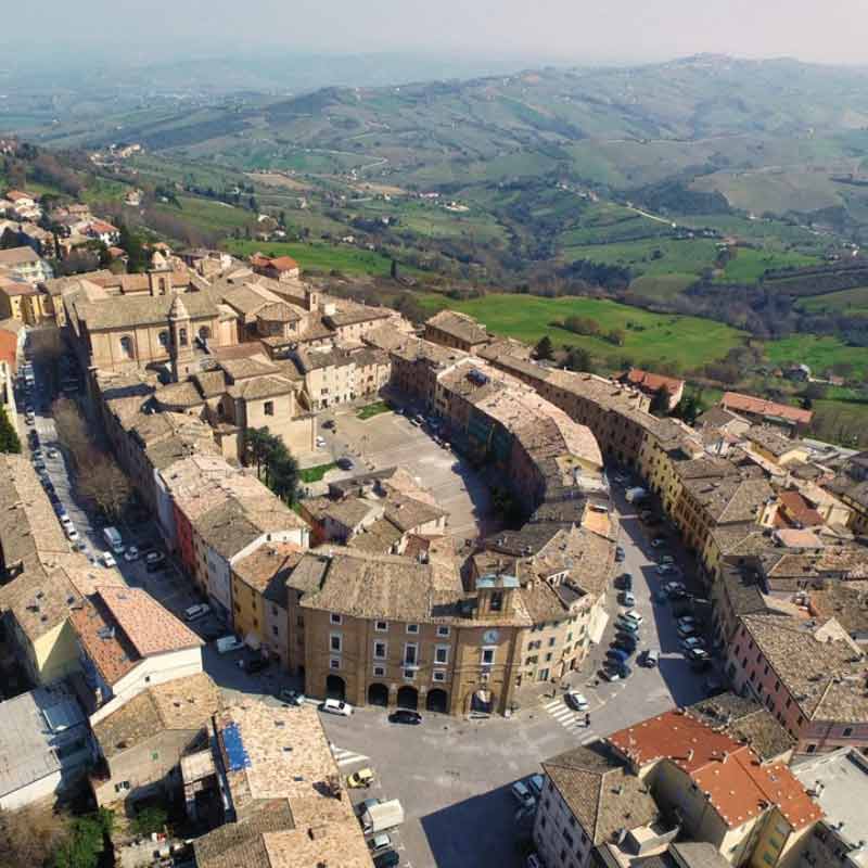 A hillside town in Marche, Italy and surrounding countryside