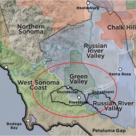 Map of Sonoma County with highlighted regions including Russian River Valley and Green Valley.